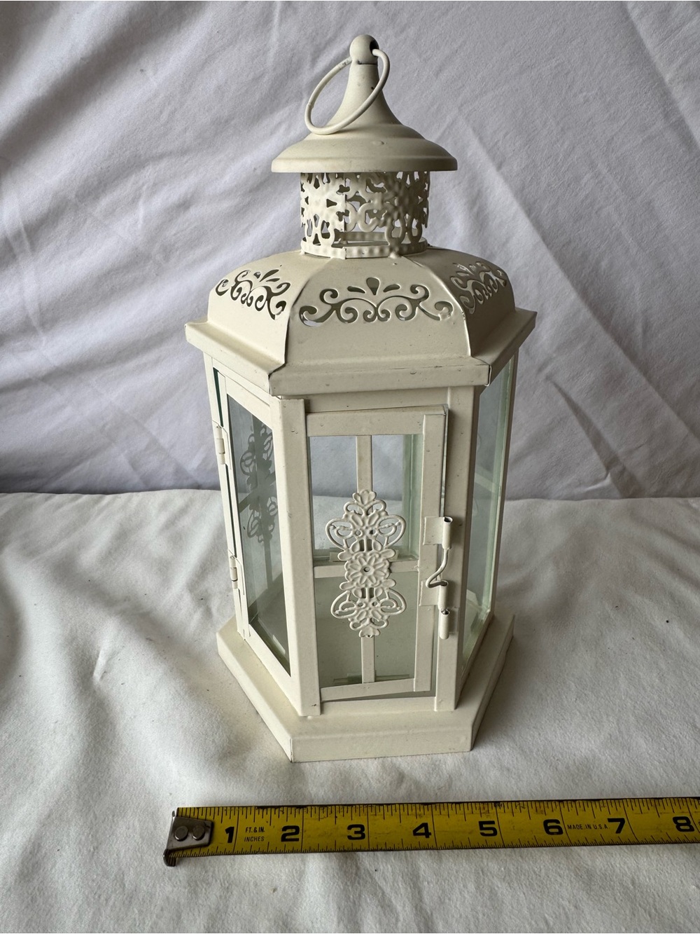 White Painted Metal & Glass Hanging Hexagon Lantern Candle Holder 10 in cottage
